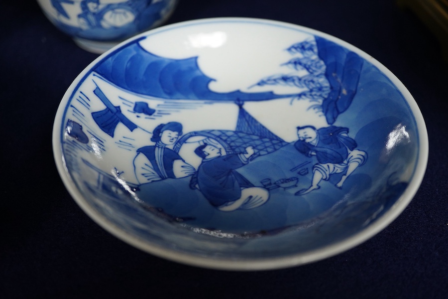 Two Chinese blue and white tea bowls and saucers, saucer 11.5cm diameter.